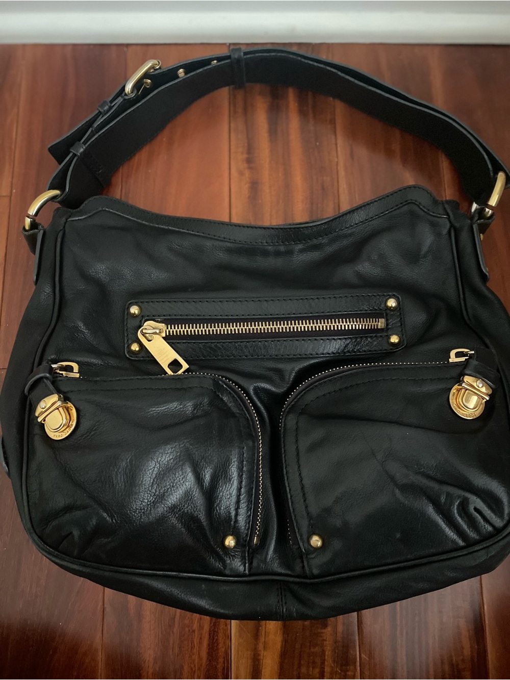 Marc Jacobs Black Leather Shoulder Bag with Gold Hardware